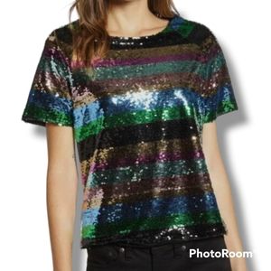 Sanctuary Short Sleeve Sequined Rainbow Striped Top